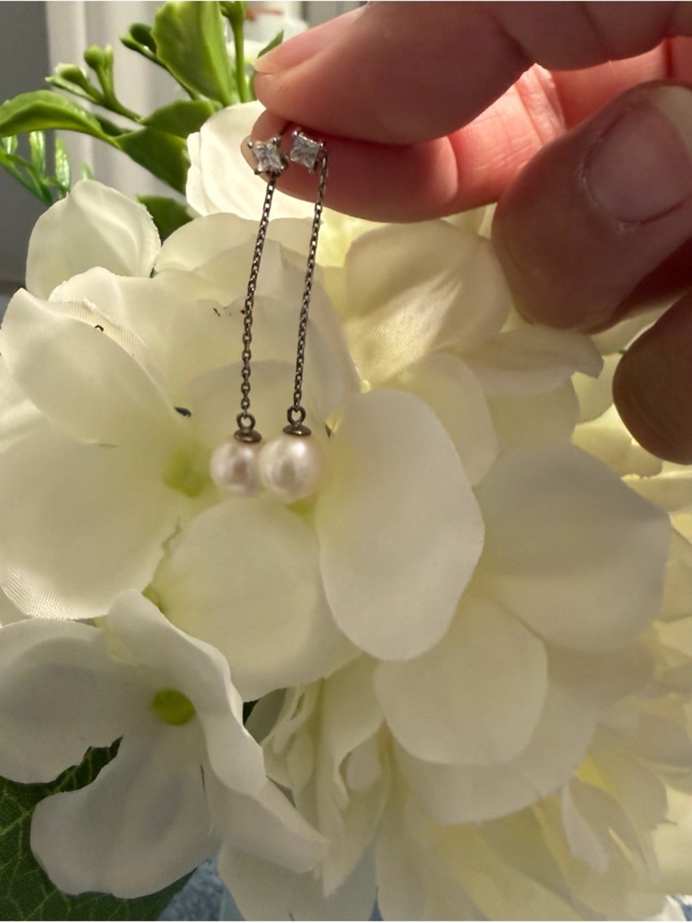 Pearl Drop Chain Earrings in White with Crystal Stud
